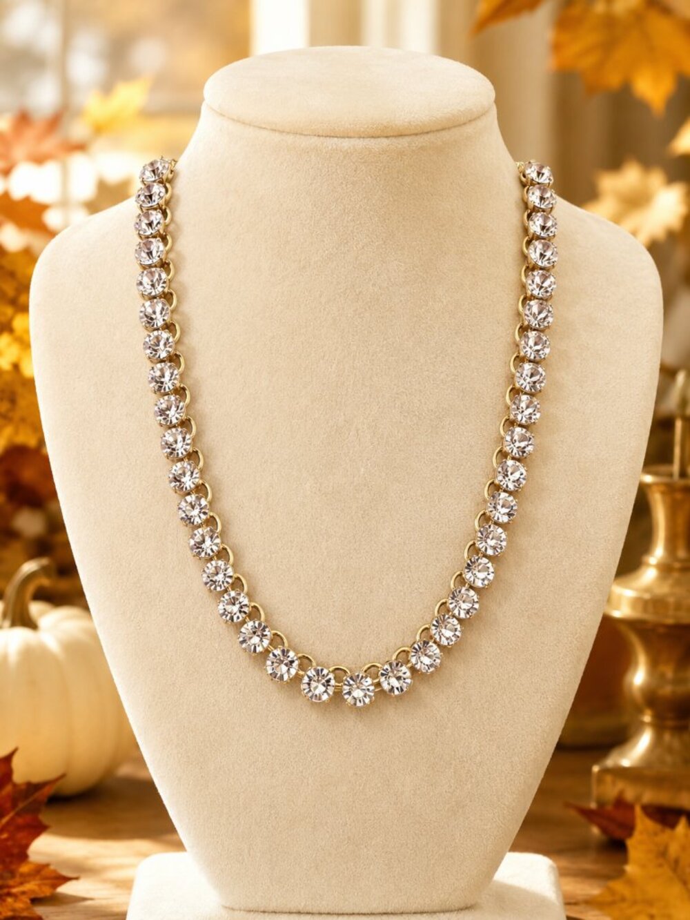 Gold Tone Crystal Statement Necklace, Sparkling Rhinestone Chain Necklace